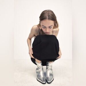 NWT Zara Metallic Silver Cowboy-Style Leather Ankle Boots 39